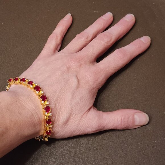 Neiman Marcus 18k Gold Plated Red Ruby Round CZ Bracelet - Picture 1 of 5